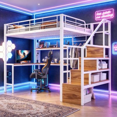 Lit mezzanine 140x200cm avec bande LED,escalier avec rangement,fer Lit superposé double avec 2 tiroir et grille,sans matelas,Blanc