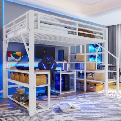 Lit mezzanine 140x200cm - escalier de sécurité - rambarde - LED - bureau - port USB - blanc (matelas non inclus)