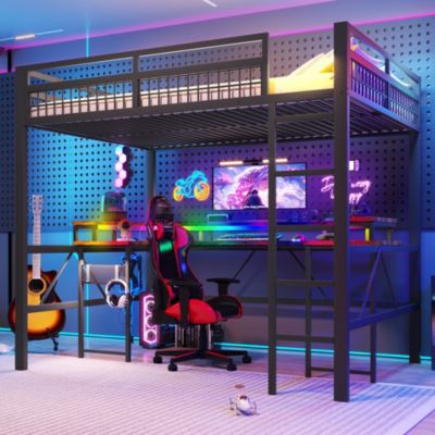 Lit mezzanine 140x200cm - structure en fer - bureau intégré - LED - USB et prise - noir (matelas non inclus)