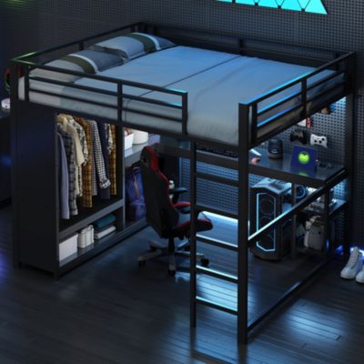 Lit mezzanine 160x200 cm en métal noir avec bureau, LED et penderie ouverte