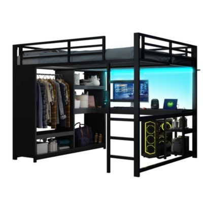 Lit mezzanine 160x200 cm en métal noir avec bureau, LED et penderie ouverte