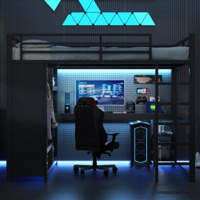 Lit mezzanine 160x200 cm en métal noir avec bureau, LED et penderie ouverte