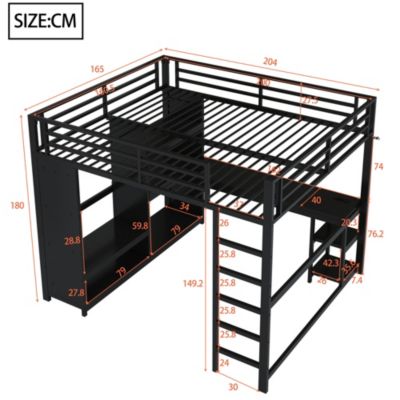 Lit mezzanine 160x200 cm en métal noir avec bureau, LED et penderie ouverte