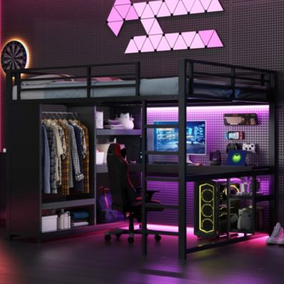 Lit mezzanine 160x200 cm en métal noir avec bureau, LED et penderie ouverte