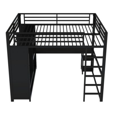 Lit mezzanine 160x200 cm en métal noir avec bureau, LED et penderie ouverte