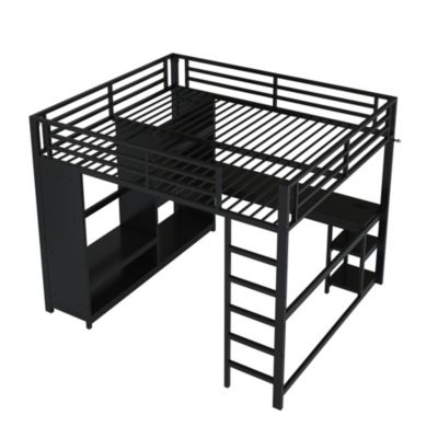 Lit mezzanine 160x200 cm en métal noir avec bureau, LED et penderie ouverte