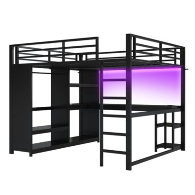 Lit mezzanine 160x200 cm en métal noir avec bureau, LED et penderie ouverte