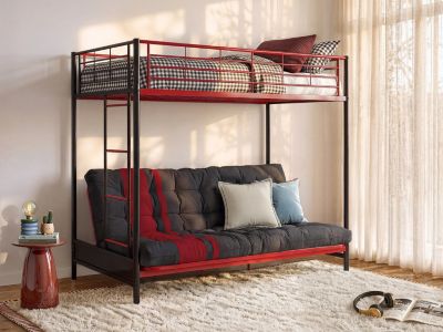 Lit mezzanine 90 x 190 cm - Avec banquette convertible - Métal - Noir et rouge + Futon - MODULO V