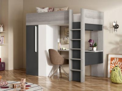 Lit mezzanine 90 x 200 cm avec armoire et bureau - Anthracite et blanc - NICOLAS II