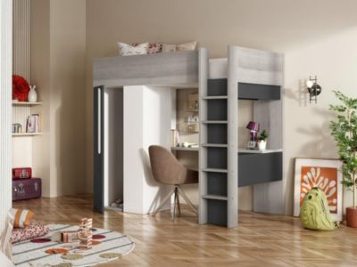 Lit mezzanine 90 x 200 cm avec armoire et bureau - Anthracite et blanc - NICOLAS II