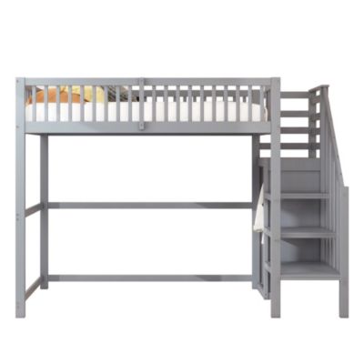 Lit mezzanine 90 x 200 cm, rangement intégré, sommier à lattes, gris, Wood