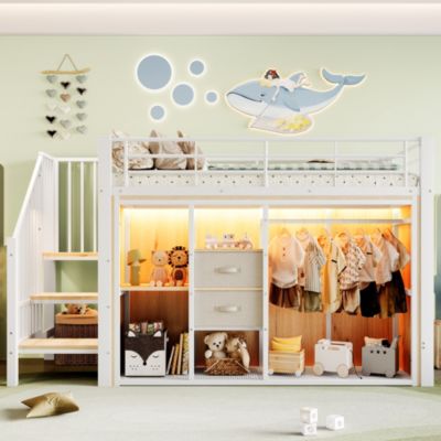Lit mezzanine 90x200 cm avec 2 tiroirs et vestiaire ouvert, LED multicolore, structure métal