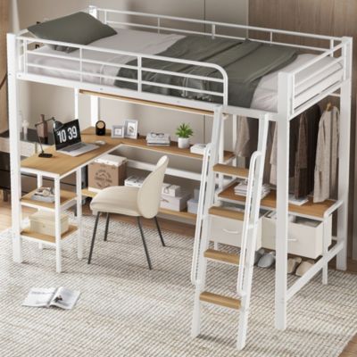 Lit mezzanine 90x200 cm avec bureau et étagère - cintre et 2 boîtes de rangement - Métal+MDF - Blanc+Naturel(sans matelas)