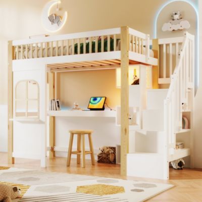 Lit Mezzanine 90x200 cm avec Bureau, LED et Escalier de Rangement - Sans Matelas - Pin et MDF - Blanc et Naturel