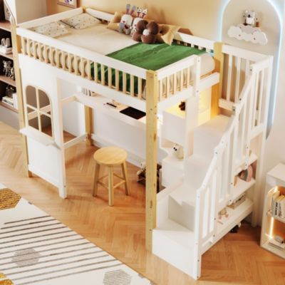 Lit Mezzanine 90x200 cm avec Bureau, LED et Escalier de Rangement - Sans Matelas - Pin et MDF - Blanc et Naturel