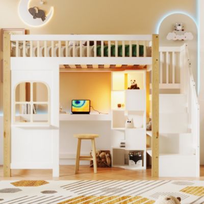 Lit Mezzanine 90x200 cm avec Bureau, LED et Escalier de Rangement - Sans Matelas - Pin et MDF - Blanc et Naturel