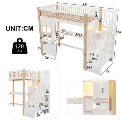 Lit Mezzanine 90x200 cm avec Bureau, LED et Escalier de Rangement - Sans Matelas - Pin et MDF - Blanc et Naturel