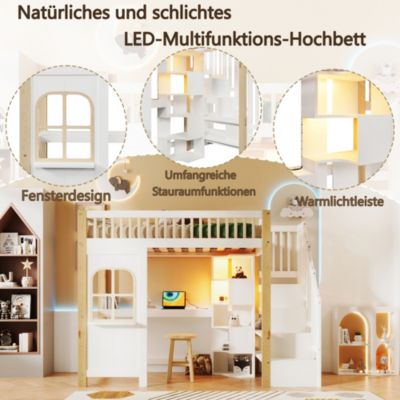 Lit Mezzanine 90x200 cm avec Bureau, LED et Escalier de Rangement - Sans Matelas - Pin et MDF - Blanc et Naturel