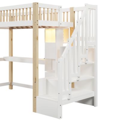 Lit Mezzanine 90x200 cm avec Bureau, LED et Escalier de Rangement - Sans Matelas - Pin et MDF - Blanc et Naturel