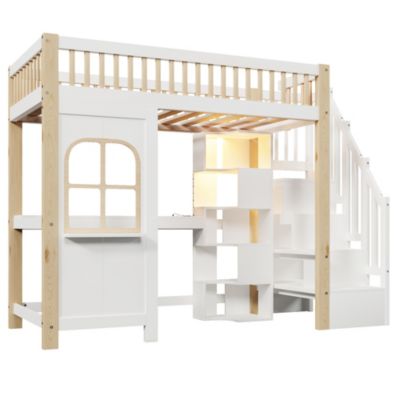 Lit Mezzanine 90x200 cm avec Bureau, LED et Escalier de Rangement - Sans Matelas - Pin et MDF - Blanc et Naturel