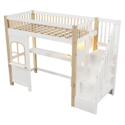 Lit Mezzanine 90x200 cm avec Bureau, LED et Escalier de Rangement - Sans Matelas - Pin et MDF - Blanc et Naturel
