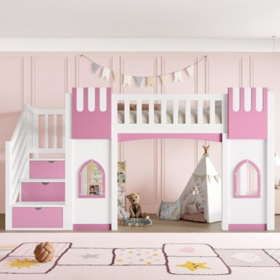 Lit mezzanine 90x200 cm, escalier rangement, fenêtre - blanc/rose