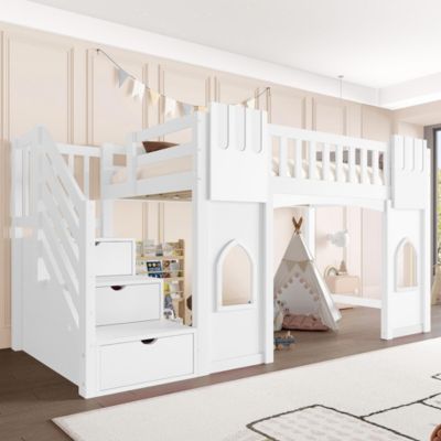 Lit mezzanine 90x200 cm, escalier rangement, fenêtre - blanc