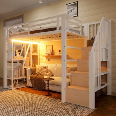 Lit Mezzanine 90x200 cm - Lit Ado Simple avec Escalier Intégré, LED et Rangement Sous le Lit - MDF et Métal - sans Matelas - Blanc
