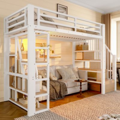 Lit Mezzanine 90x200 cm - Lit Ado Simple avec Escalier Intégré, LED et Rangement Sous le Lit - MDF et Métal - sans Matelas - Blanc