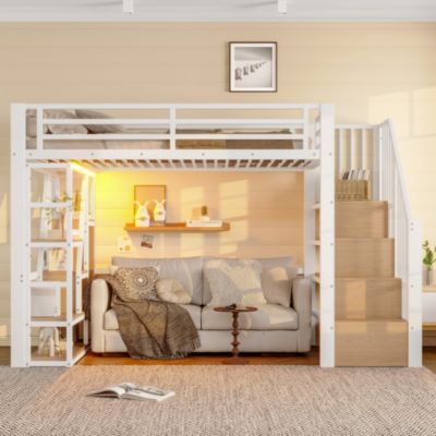 Lit Mezzanine 90x200 cm - Lit Ado Simple avec Escalier Intégré, LED et Rangement Sous le Lit - MDF et Métal - sans Matelas - Blanc