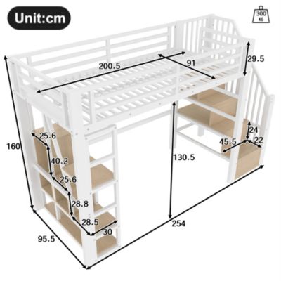 Lit Mezzanine 90x200 cm - Lit Ado Simple avec Escalier Intégré, LED et Rangement Sous le Lit - MDF et Métal - sans Matelas - Blanc