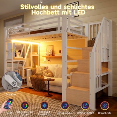 Lit Mezzanine 90x200 cm - Lit Ado Simple avec Escalier Intégré, LED et Rangement Sous le Lit - MDF et Métal - sans Matelas - Blanc