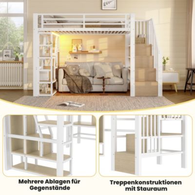 Lit Mezzanine 90x200 cm - Lit Ado Simple avec Escalier Intégré, LED et Rangement Sous le Lit - MDF et Métal - sans Matelas - Blanc