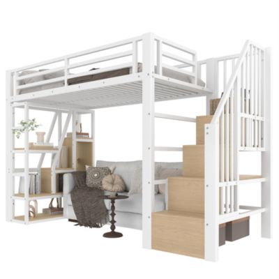 Lit Mezzanine 90x200 cm - Lit Ado Simple avec Escalier Intégré, LED et Rangement Sous le Lit - MDF et Métal - sans Matelas - Blanc