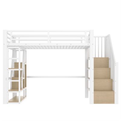 Lit Mezzanine 90x200 cm - Lit Ado Simple avec Escalier Intégré, LED et Rangement Sous le Lit - MDF et Métal - sans Matelas - Blanc