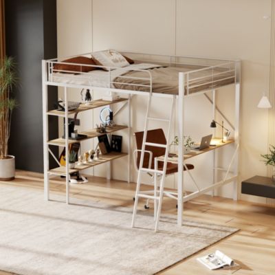 Lit mezzanine 90x200 cm - Lit avec bureau intégré - Structure métal - Sans matelas - Blanc