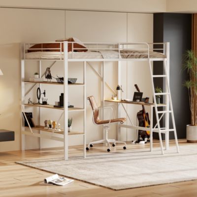 Lit mezzanine 90x200 cm - Lit avec bureau intégré - Structure métal - Sans matelas - Blanc