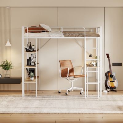 Lit mezzanine 90x200 cm - Lit avec bureau intégré - Structure métal - Sans matelas - Blanc