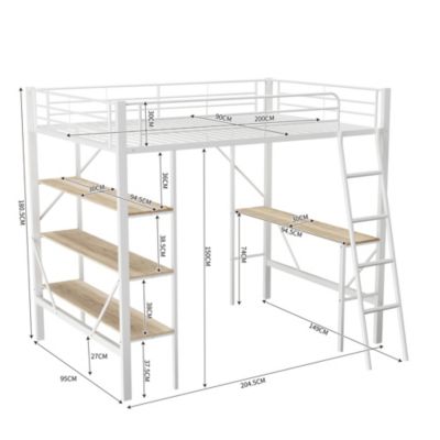 Lit mezzanine 90x200 cm - Lit avec bureau intégré - Structure métal - Sans matelas - Blanc