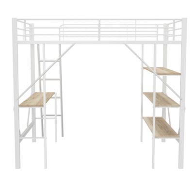 Lit mezzanine 90x200 cm - Lit avec bureau intégré - Structure métal - Sans matelas - Blanc