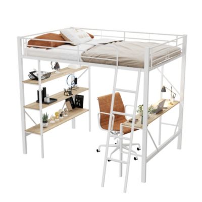 Lit mezzanine 90x200 cm - Lit avec bureau intégré - Structure métal - Sans matelas - Blanc