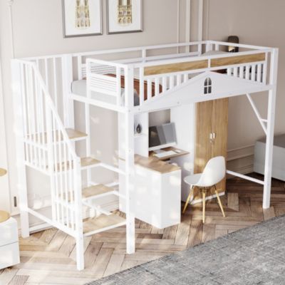 Lit Mezzanine 90x200 cm - Lit Enfant/Ado avec Escalier de Sécurité, Design Boule et Fenêtre, Métal Blanc