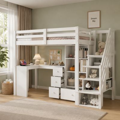 Lit Mezzanine 90x200 cm - Lit enfant avec Bureau et Rangement, Échelle, MDF - Sans Matelas - Blanc