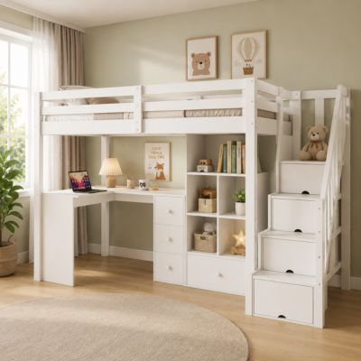 Lit Mezzanine 90x200 cm - Lit enfant avec Bureau et Rangement, Échelle, MDF - Sans Matelas - Blanc