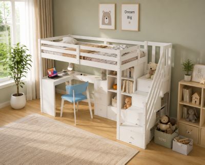Lit Mezzanine 90x200 cm - Lit enfant avec Bureau et Rangement, Échelle, MDF - Sans Matelas - Blanc