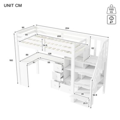 Lit Mezzanine 90x200 cm - Lit enfant avec Bureau et Rangement, Échelle, MDF - Sans Matelas - Blanc
