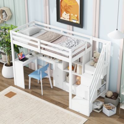 Lit Mezzanine 90x200 cm - Lit enfant avec Bureau et Rangement, Échelle, MDF - Sans Matelas - Blanc