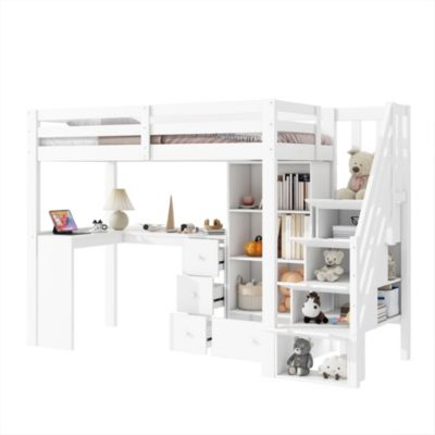 Lit Mezzanine 90x200 cm - Lit enfant avec Bureau et Rangement, Échelle, MDF - Sans Matelas - Blanc