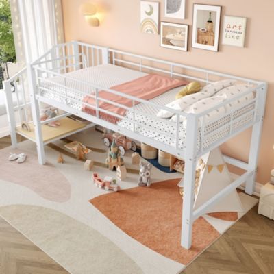 Lit Mezzanine 90x200 cm - Lit Enfant avec Escaliers de Rangement Intégrés, Métal Blanc