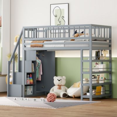 Lit Mezzanine 90x200 cm - Lit enfant avec Garde-Corps Sécurisé et Armoire Intégrée - Étagères Pratiques - Bois Massif - Gris